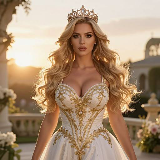 Elegant Woman in White and Gold Embroidered Gown with Crown at Sunset