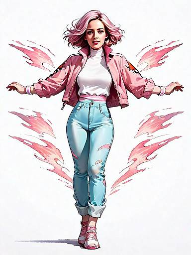 Stylish Woman in Pink Jacket and Light Blue Jeans Comic Style Illustration