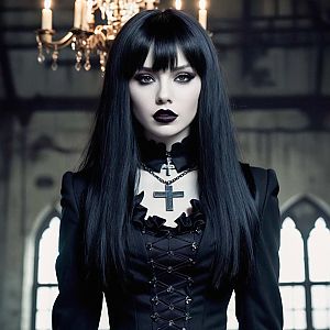 Gothic Portrait of a Woman with Dark Hair and Bold Makeup