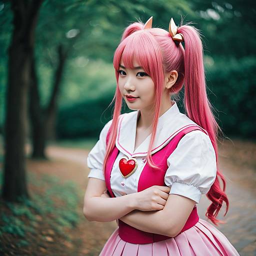 Cosplay Portrait of Woman with Pink Twin-Tail Hair Outdoors