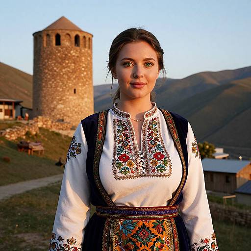 Young Woman in Traditional Embroidered Dress with Medieval Tower Landscape