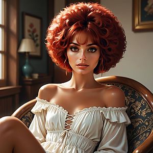 Woman with Curly Red Hair in Vintage Floral Chair