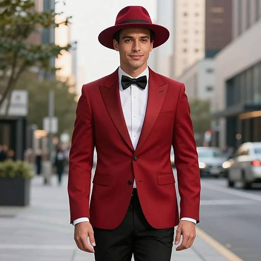 Man in Red Suit and Fedora Walking in Urban Street Style