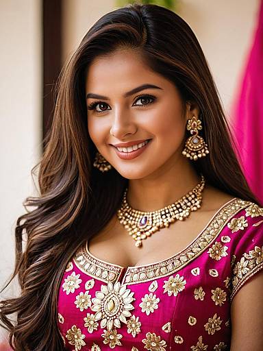 Young Woman in Magenta Naira Lehenga Choli with Traditional Jewelry