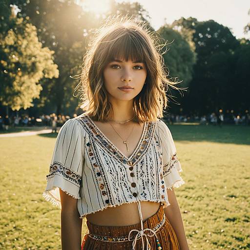 Bohemian Young Woman in Sunlit Park Wearing Embroidered Cropped Top