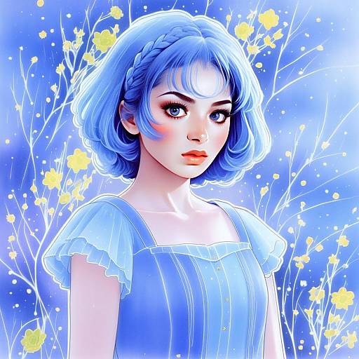Anime Portrait of Woman with Blue Hair and Floral Background