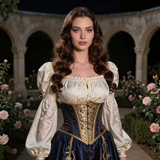 Woman in Renaissance-Inspired Costume in Rose Garden Courtyard