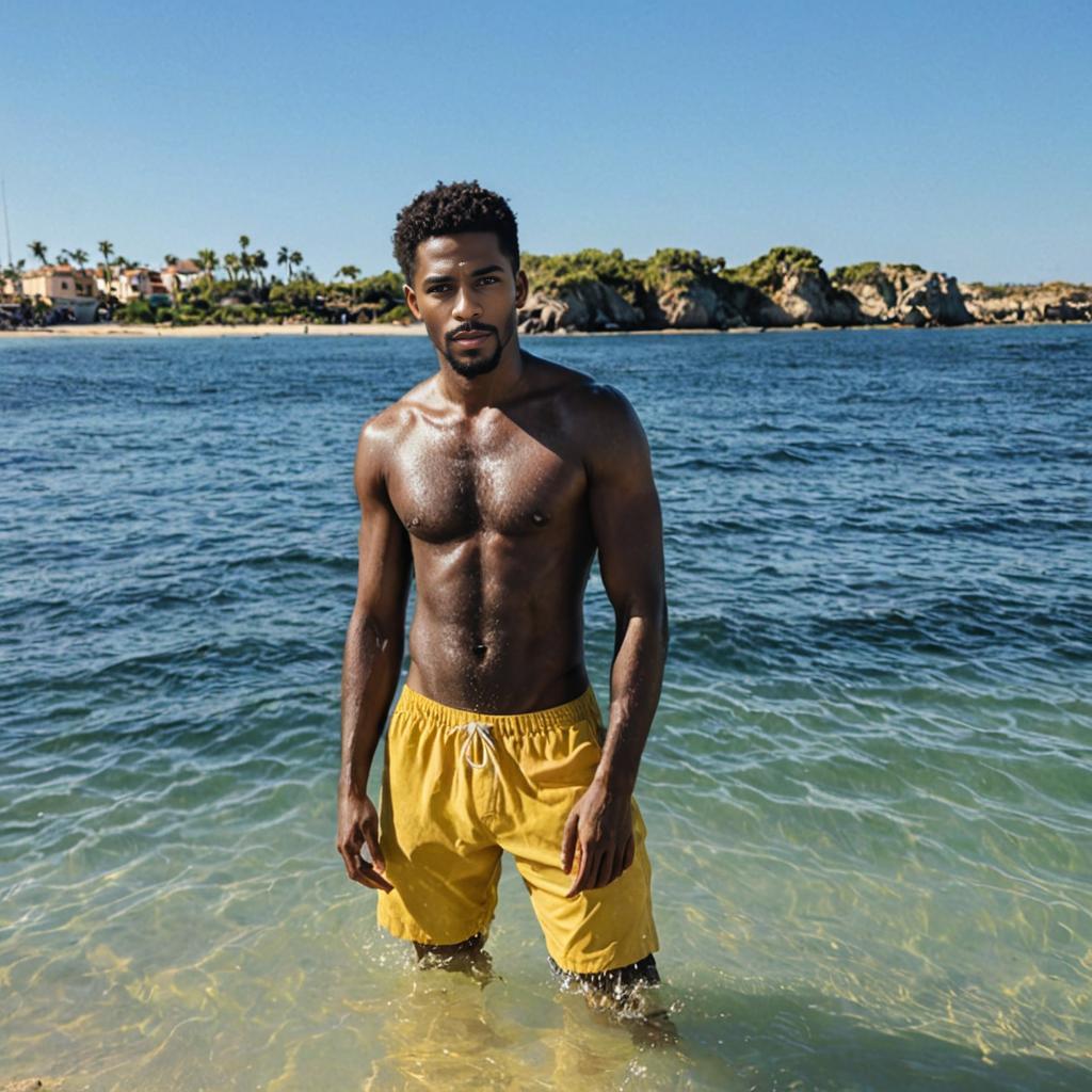 Man in Yellow Swim Shorts at Beach