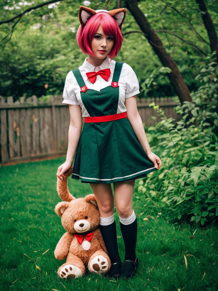 Annie League of Legends Cosplay with Teddy Bear Outdoors