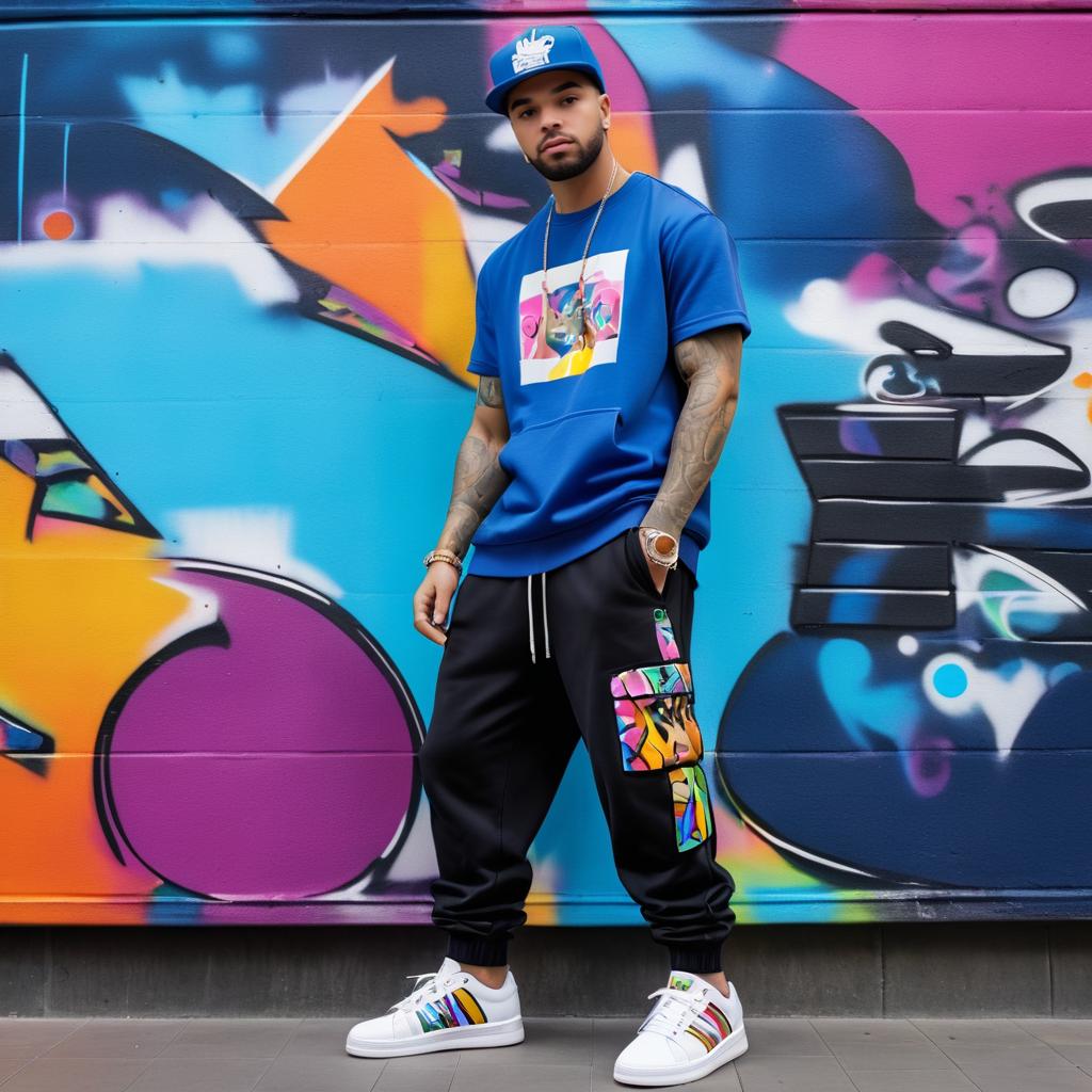 Stylish Man in Colorful Streetwear Against Urban Art