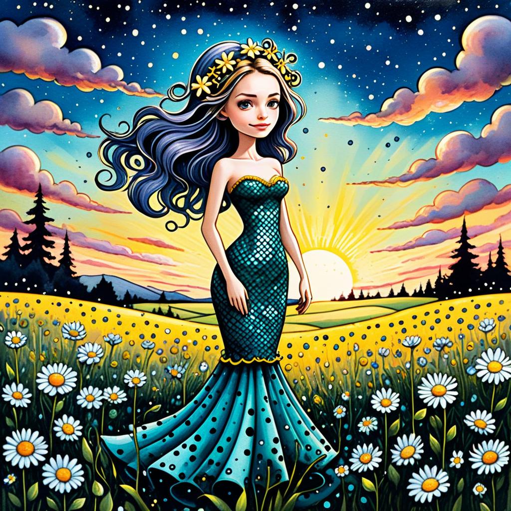 Whimsical Woman in Teal Mermaid Dress Among Daisy Field Sunset Illustration