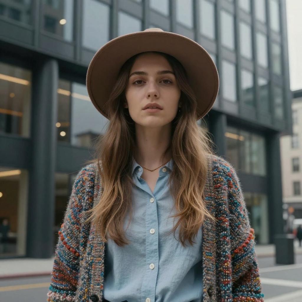 Stylish Gen Z Woman in Wide-Brimmed Hat and Knit Cardigan on City Street
