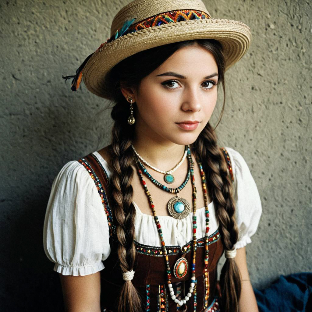 Young Woman in Bohemian Costume with Braids