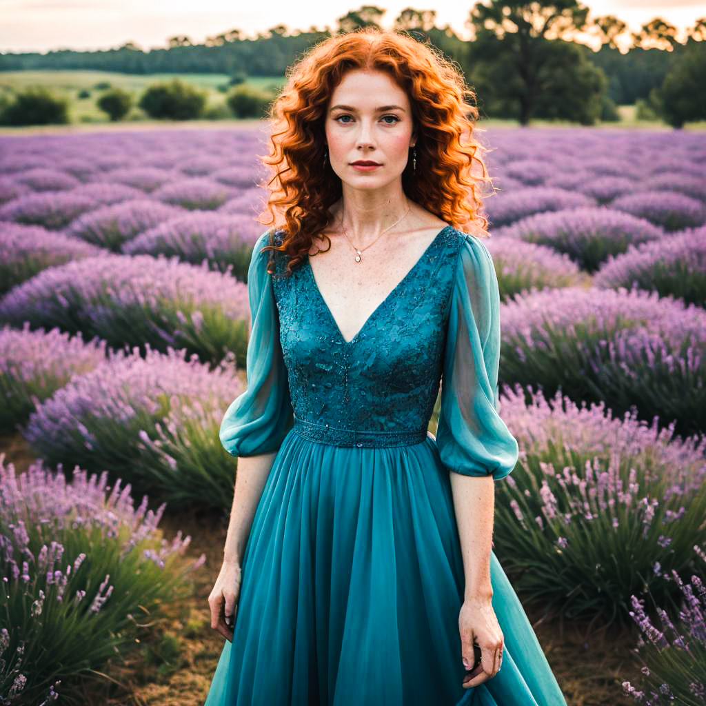 Woman in Teal Gown in Lavender Field