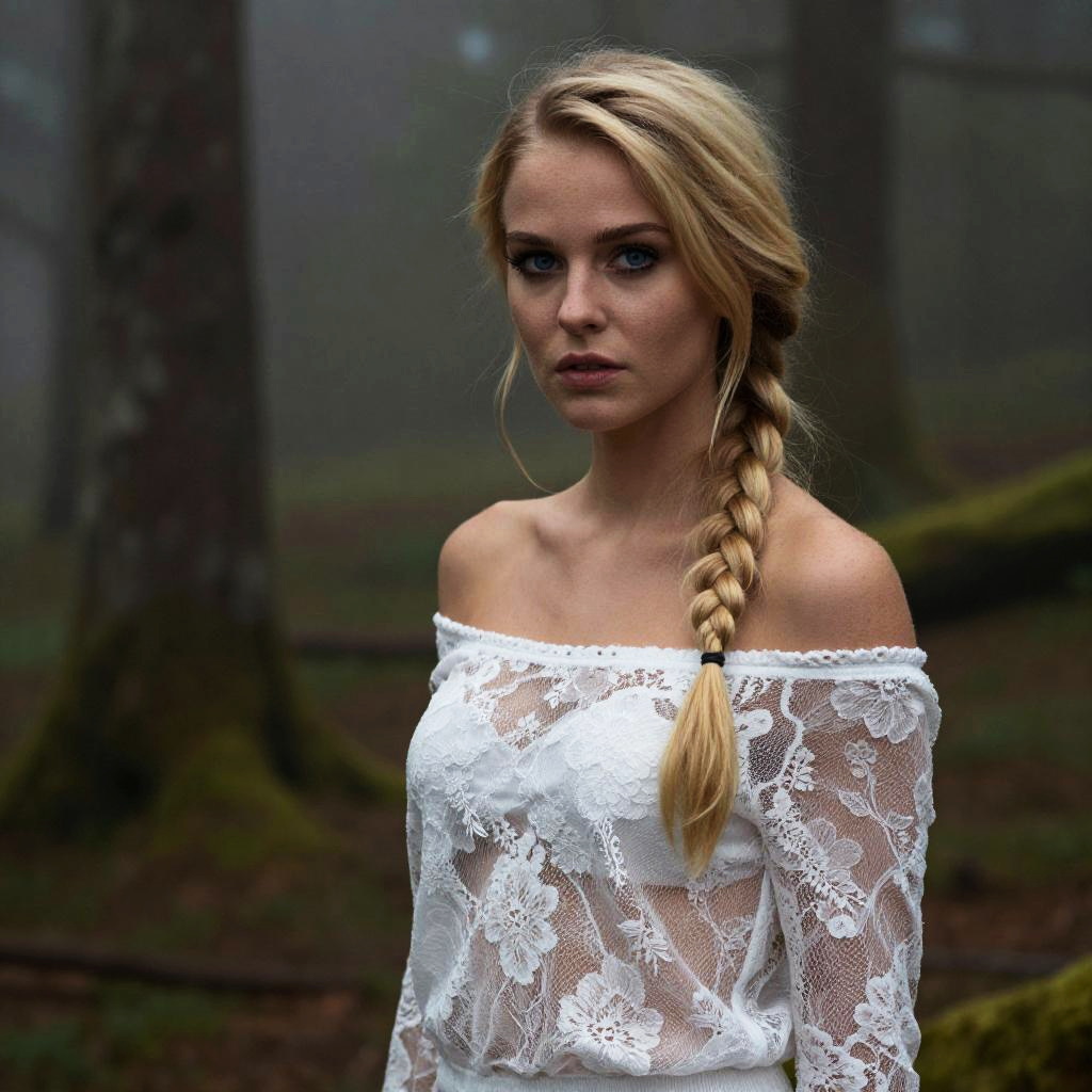 Portrait of Blonde Woman in White Lace Top with Braided Hair in Misty Forest