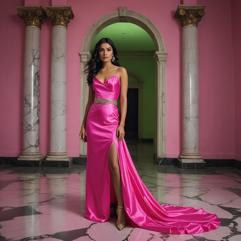 Elegant Woman in Hot Pink Satin Gown with High Slit in Classical Marble Pavilion