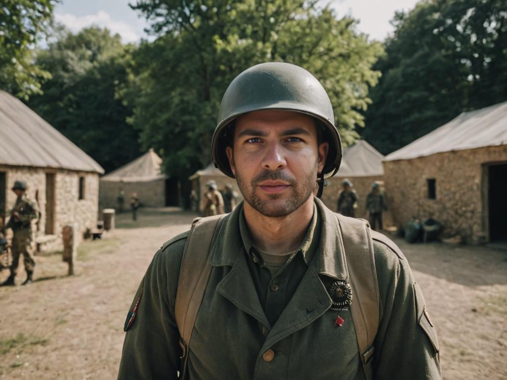 Man in Vintage Military Uniform by Historical Tents