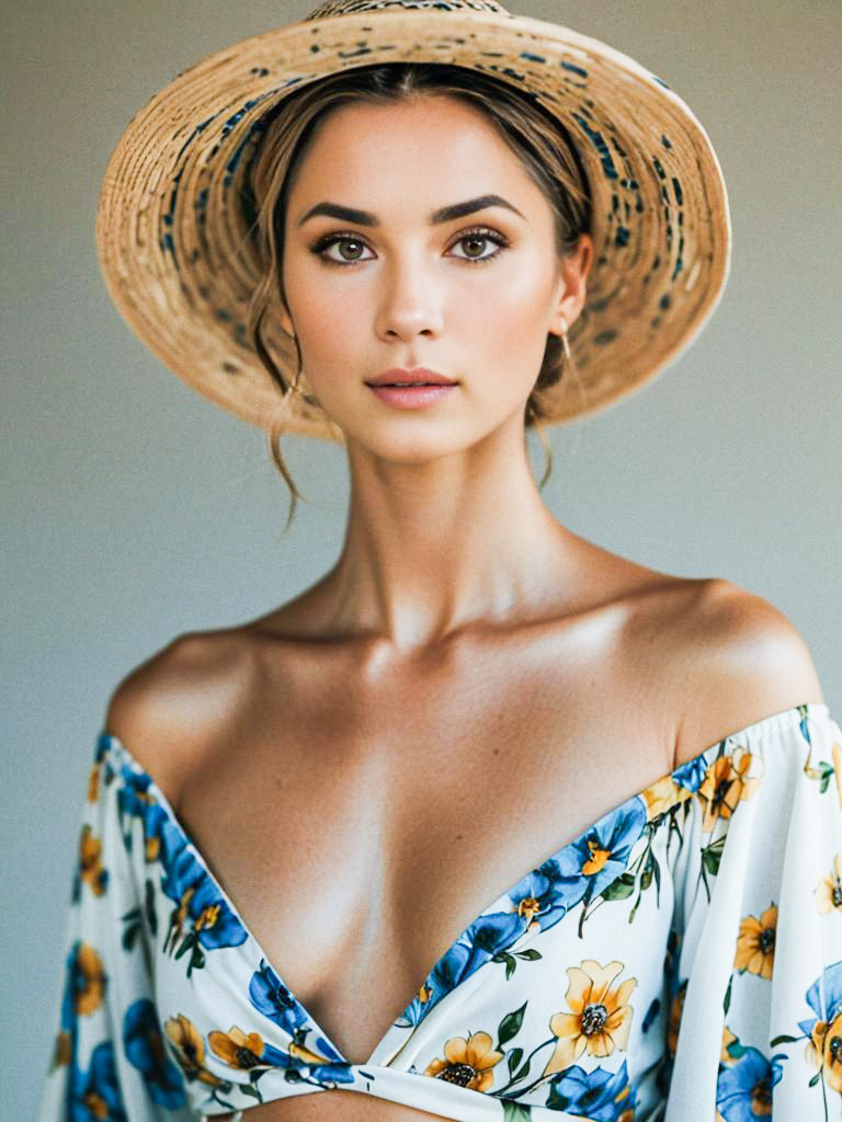 Radiant woman in floral dress and straw hat