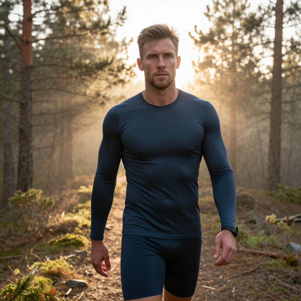 Man Walking on Forest Trail in Athletic Wear