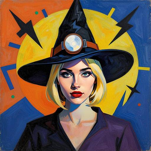 Blonde Woman in Witch Hat Pop Art Portrait with Abstract Lightning Background