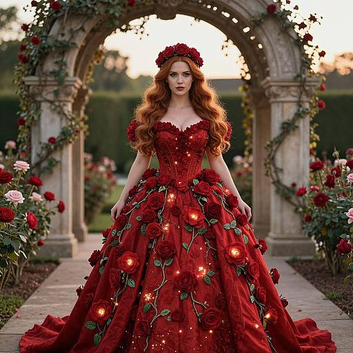Elegant Woman in Red Rose Embellished Gown in Garden Archway