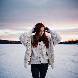 Woman with Red Hair in Snowy Landscape at Sunset