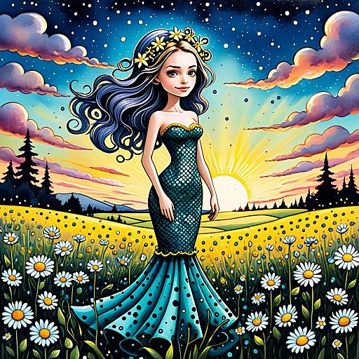 Whimsical Woman in Teal Mermaid Dress Among Daisy Field Sunset Illustration