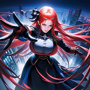 Woman with Red Hair Against City Skyline