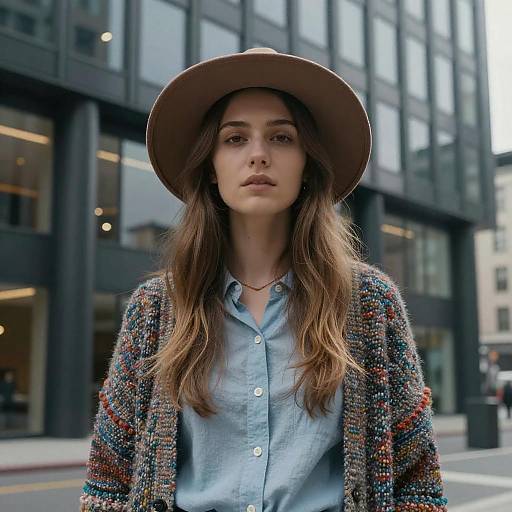 Stylish Gen Z Woman in Wide-Brimmed Hat and Knit Cardigan on City Street