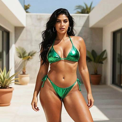 Woman in Shiny Metallic Green Bikini Outdoor Summer Fashion