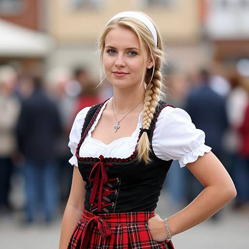 Young Woman in Traditional Bavarian Dirndl Outfit Outdoors