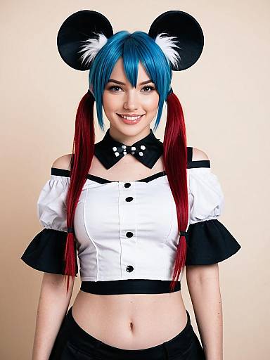 Cosplay Woman with Blue and Red Pigtails Wearing Mouse Ears and Stylish Outfit