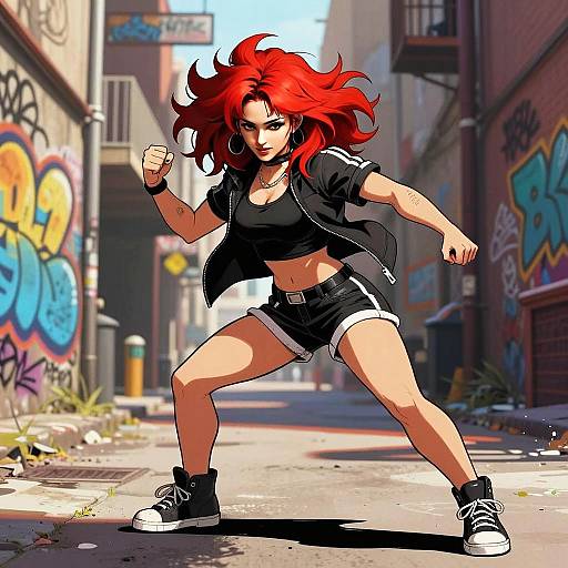 Red Haired Woman in Fighting Stance on Urban Graffiti Street - Anime Style