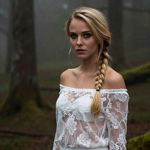 Portrait of Blonde Woman in White Lace Top with Braided Hair in Misty Forest