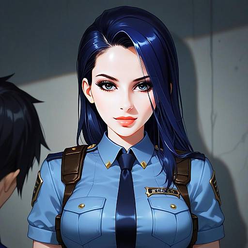 Arcane Style Illustration of Woman Police Officer with Blue Hair