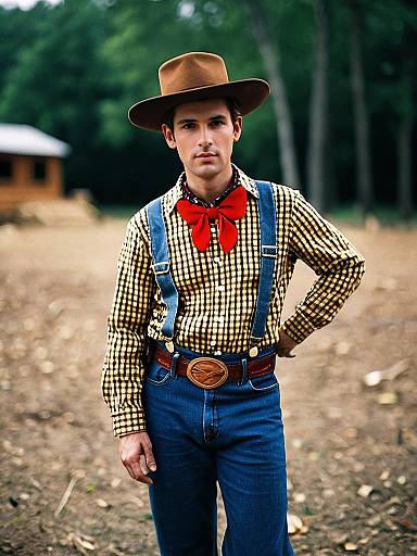Young Man in Woody Cowboy Costume with Hat and Red Neckerchief Outdoors
