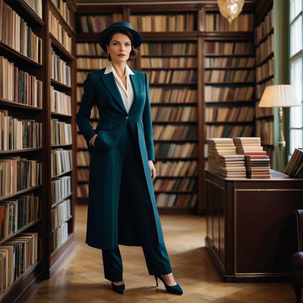 Confident Woman in Teal Suit in Library