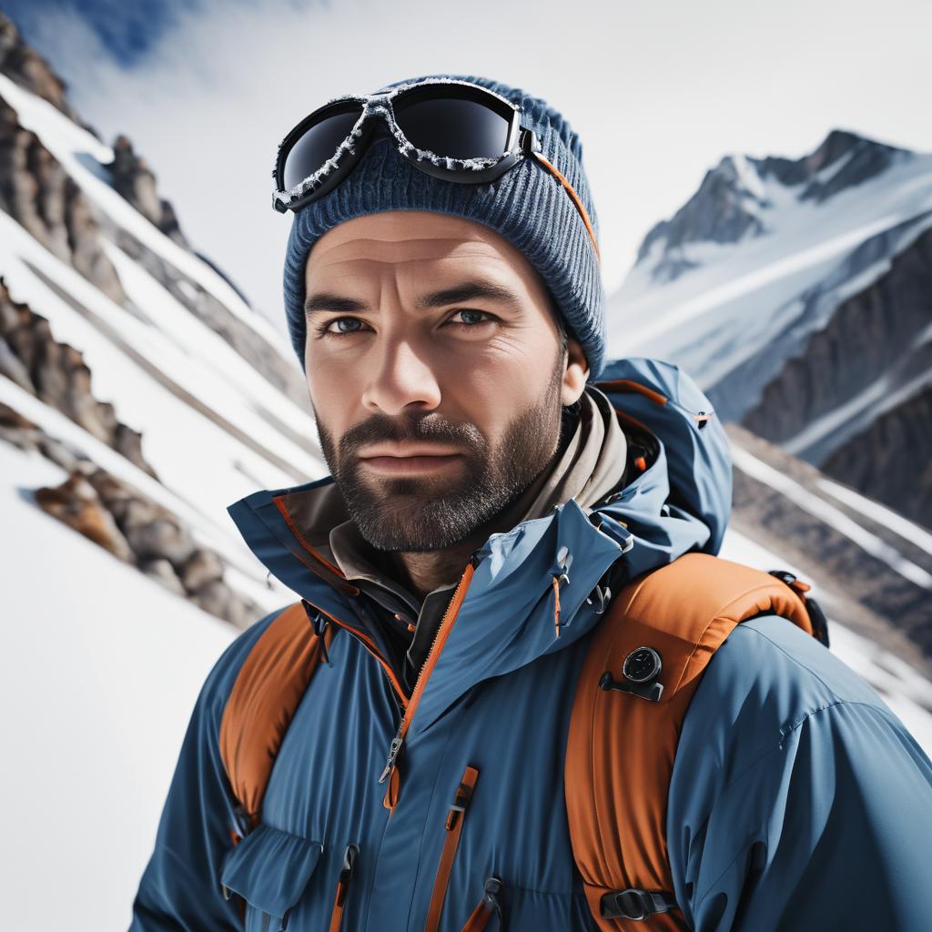 Rugged Man in Winter Mountaineering Gear