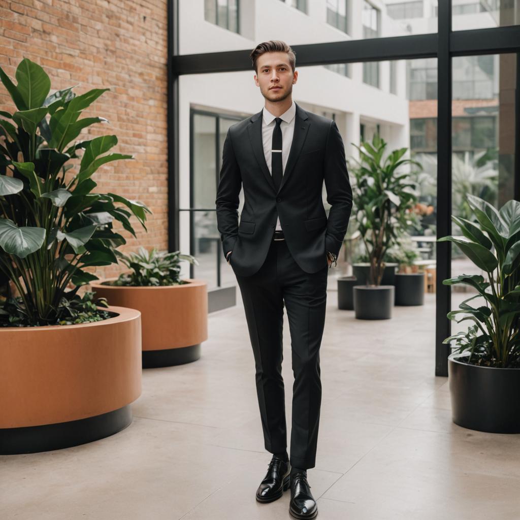 Stylish Man in Black Suit in Modern Atrium