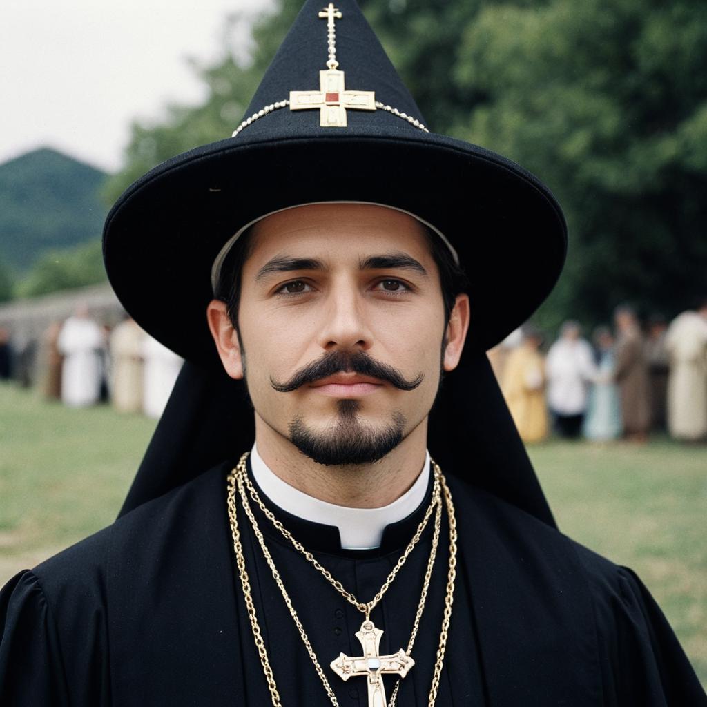 Man in Holy Priest Costume Wearing Cross-Adorned Hat and Gold Chains