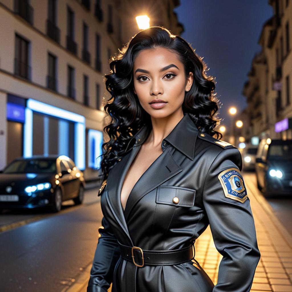 Confident Woman in Modern Police Uniform at Night