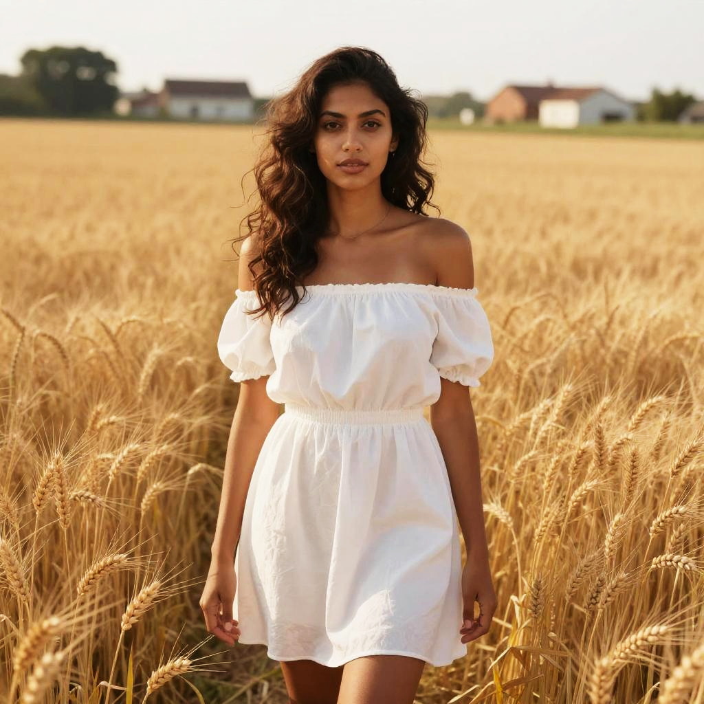 Woman in White Off-Shoulder Dress in Golden Wheat Field