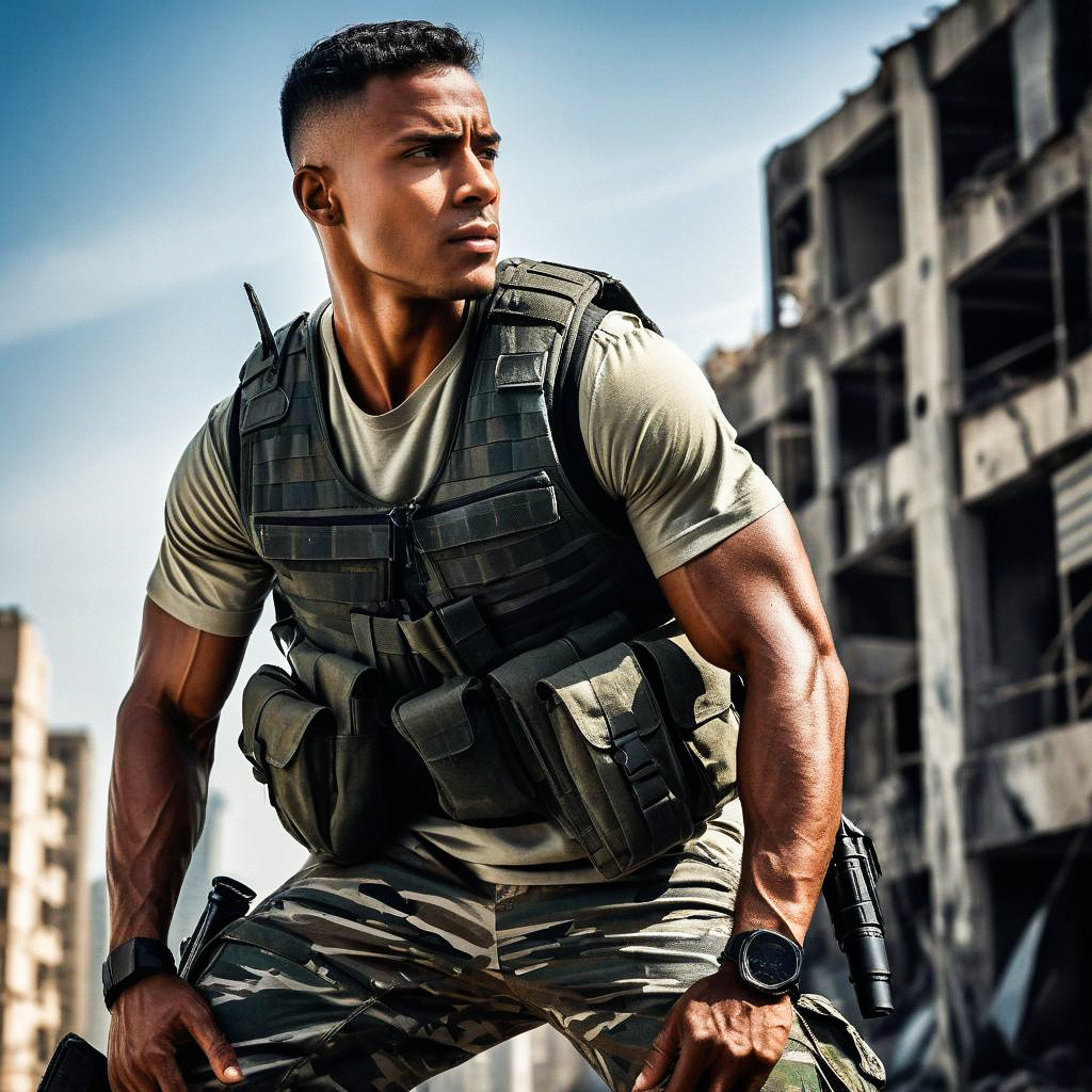 Muscular Man in Tactical Gear in Urban Setting