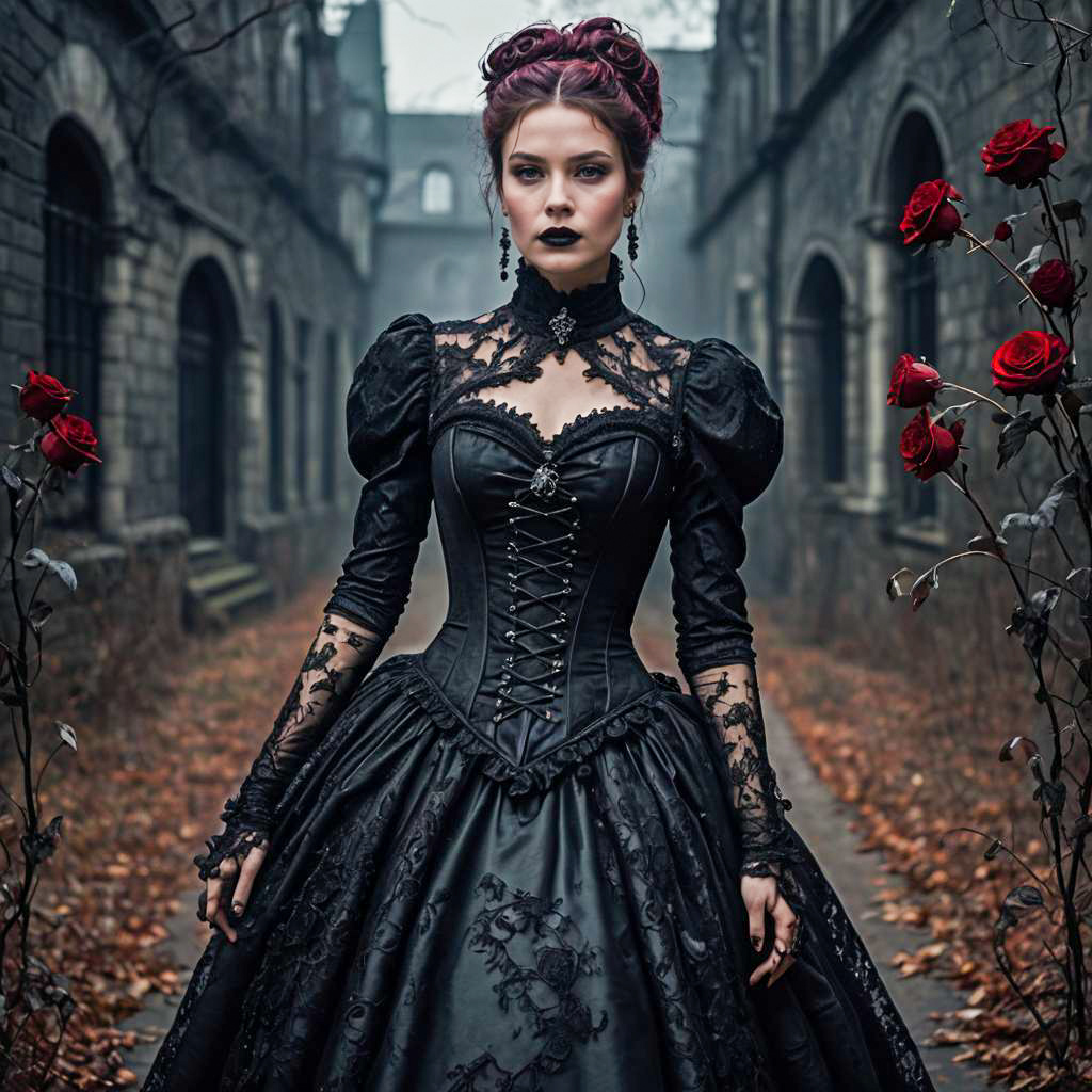Victorian Gothic Woman in Black Dress with Roses in Haunted Courtyard