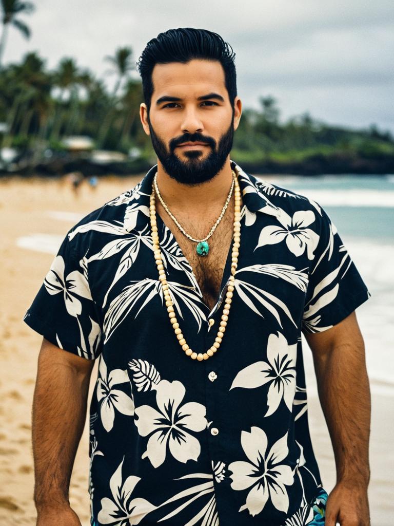 Man in Black Hawaiian Shirt with Floral Print on Tropical Beach