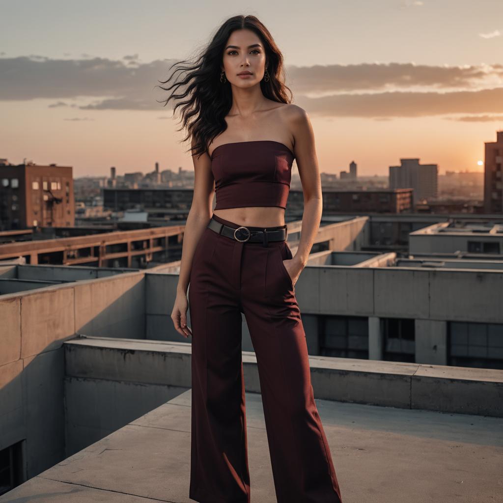 Fashionable Woman on Urban Rooftop at Sunset in Maroon Outfit