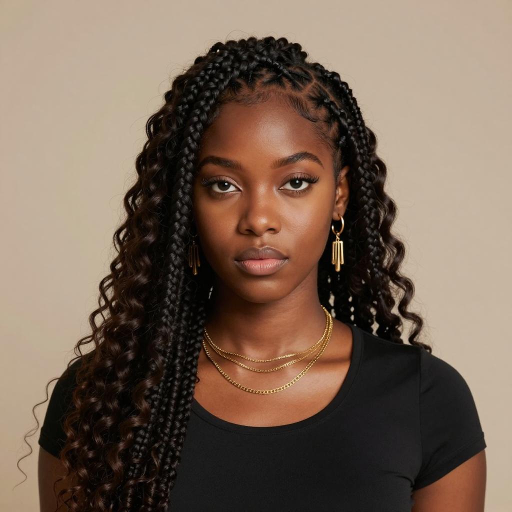 Confident Young Woman with Long Braids and Gold Jewelry Portrait