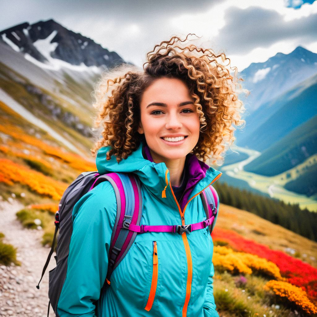 Cheerful Woman Hiking in Scenic Mountains