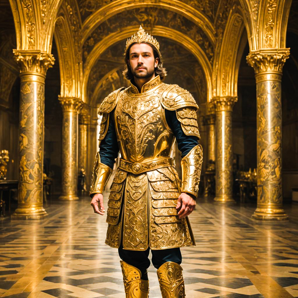 Regal Man in Golden Armor in Luxurious Palace