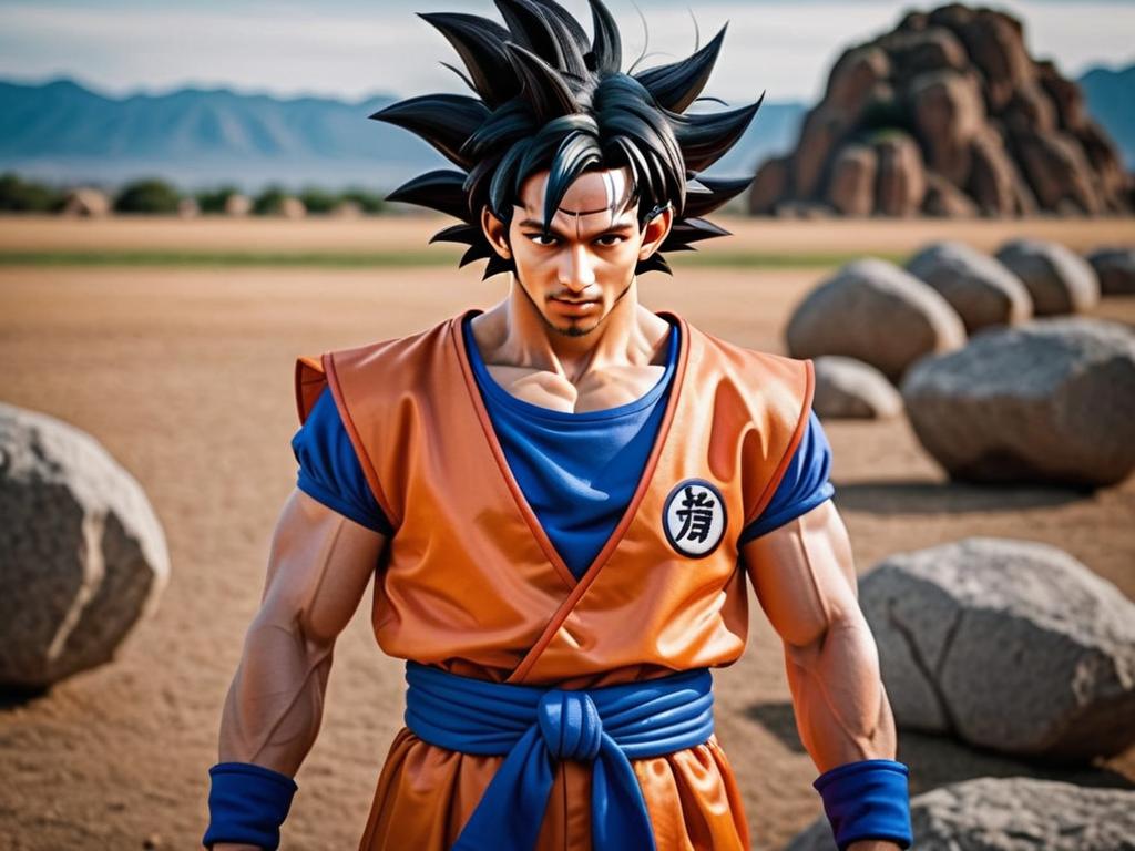 Muscular Man in Orange Gi in Rocky Desert